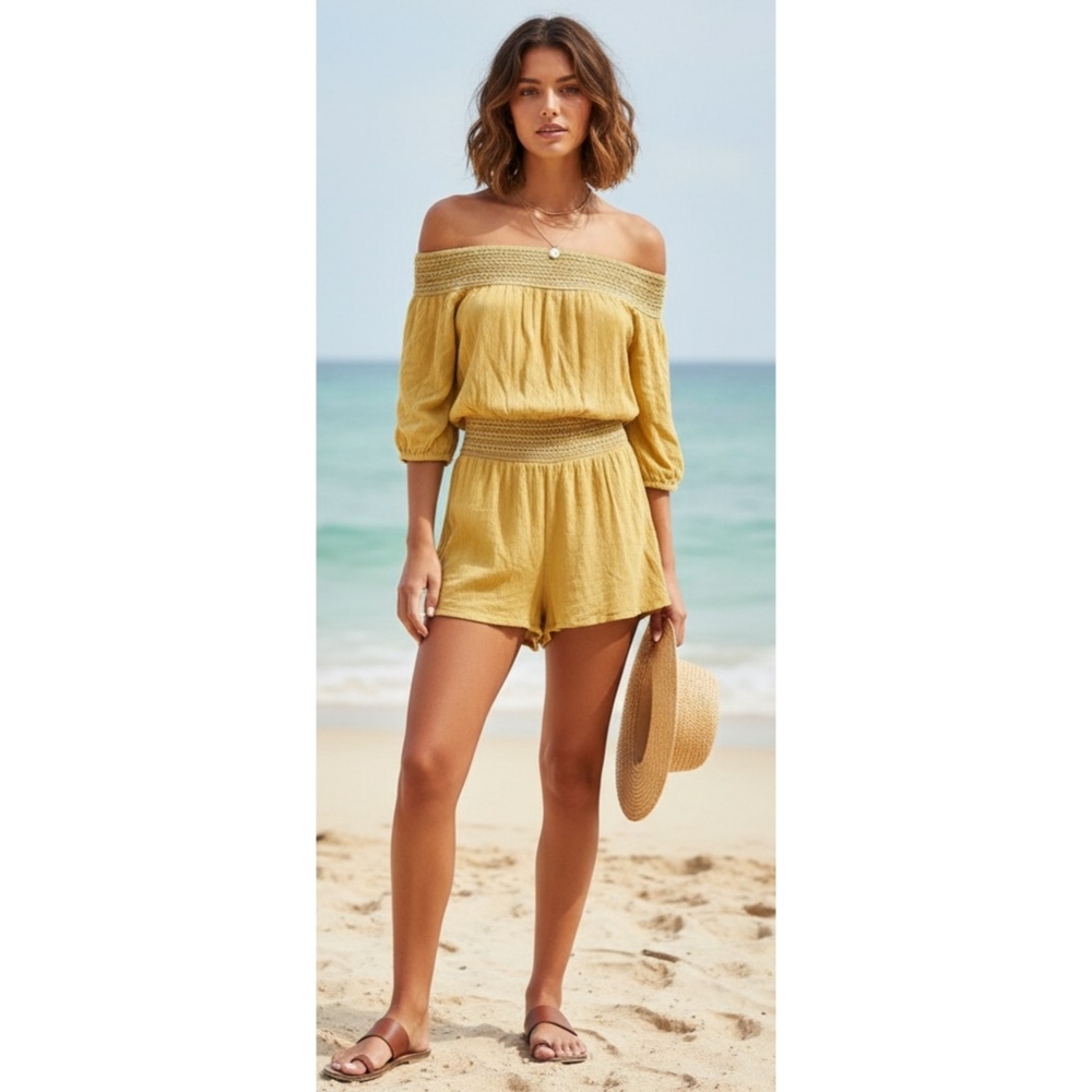 Purple Snow Off Shoulder Raglan Sleeve Romper Golden Yellow Size S